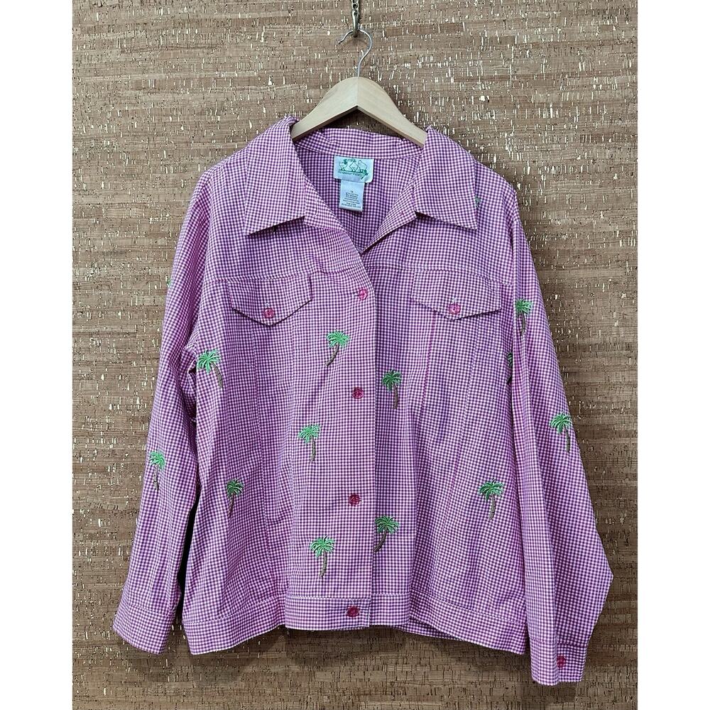 Quacker Factory Jacket Women Plus Size 1X Gingham Palm Tree Embroidered Button